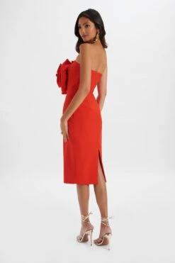 BELLE 3D Flower Bandeau Midi Dress In Red -Wedding Guest Dresses Sales LA 272DS71A RED R 7710