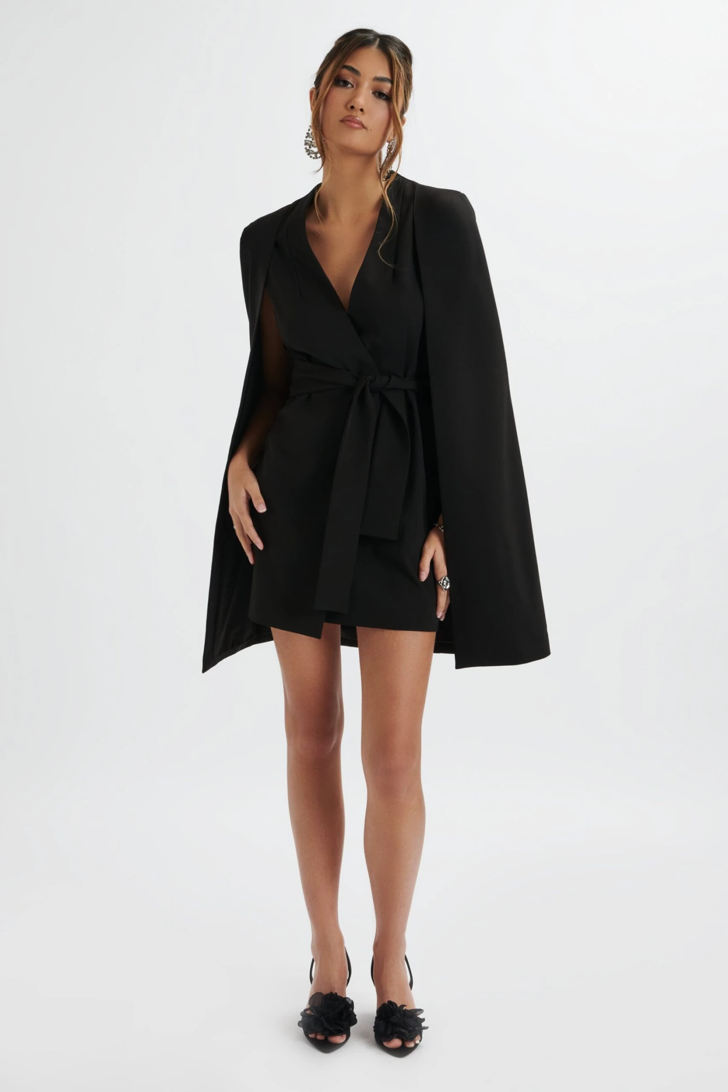 TIFFANY Belted Cape Blazer Mini Dress In Black 4 TIFFANY Belted Cape Blazer Mini Dress In Black - Image 2