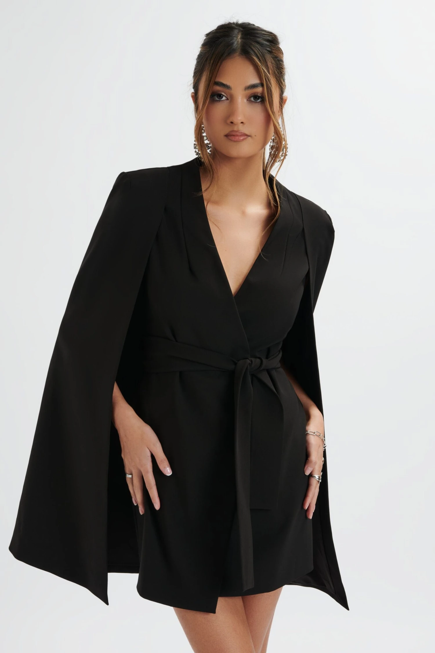TIFFANY Belted Cape Blazer Mini Dress In Black 3 TIFFANY Belted Cape Blazer Mini Dress In Black