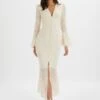 LAUREN Fluted Sleeve Maxi Dress In Cream Floral Textured Chiffon -Wedding Guest Dresses Sales LA 281DS36 BEI 2482