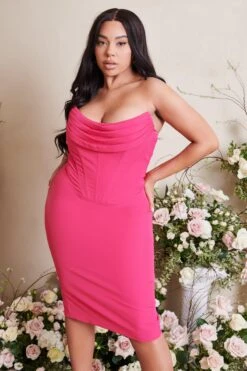 ELIZA Curve Strapless Cowl Corset Midi Dress In Magenta Pink -Wedding Guest Dresses Sales LA SPRING22 CAMPAIGN 113683