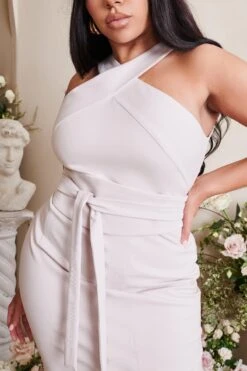 BRIELLE Curve Obi Belted Halterneck Midi Dress In Sand -Wedding Guest Dresses Sales LA SPRING22 CAMPAIGN 114436