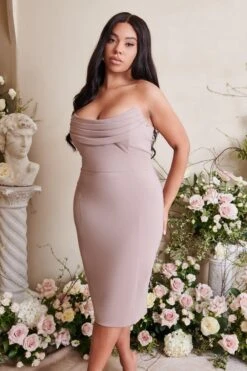 MARIA Curve Cowl Front Bandeau Midi Pencil Dress In Stone -Wedding Guest Dresses Sales LA SPRING22 CAMPAIGN 114497