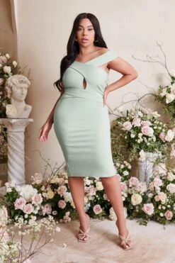RAELYNN Curve Off Shoulder Wrap Ponte Dress In Sage -Wedding Guest Dresses Sales LA SPRING22 CAMPAIGN 114565