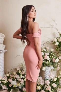 HAILEY Pleated Bardot Midi Dress In Coral -Wedding Guest Dresses Sales LA SPRING22 ECOM 107329