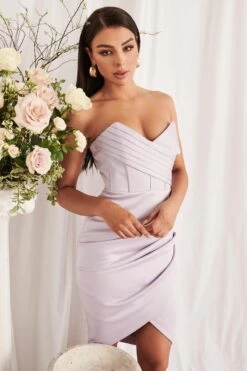 PIPER Satin Pleated Corset Bandeau Midi Dress In Lilac -Wedding Guest Dresses Sales LA SPRING22 ECOM 111871