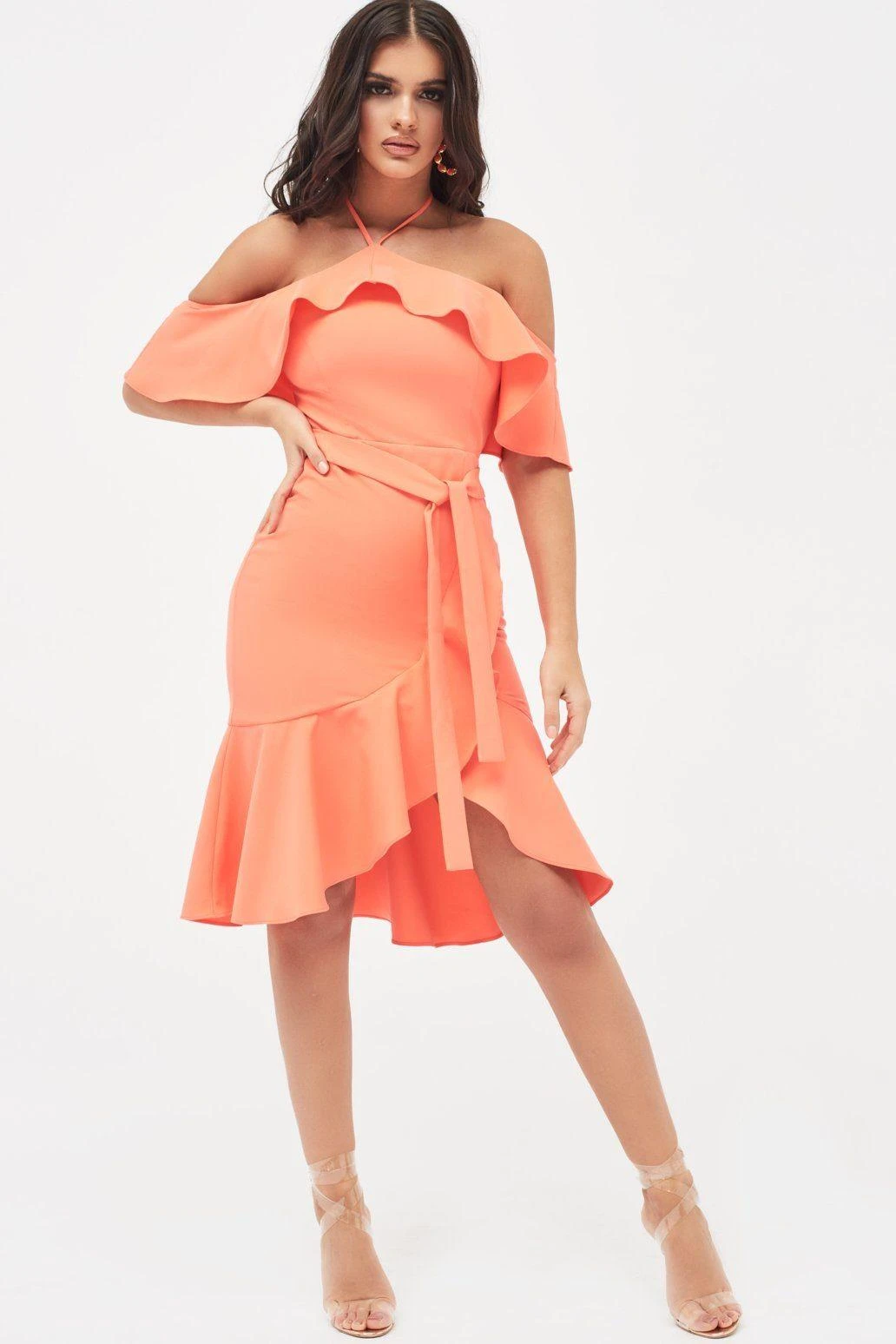 PAISLEY Bardot Frill Halterneck Midi Dress In Neon Coral 5 PAISLEY Bardot Frill Halterneck Midi Dress In Neon Coral - Image 3