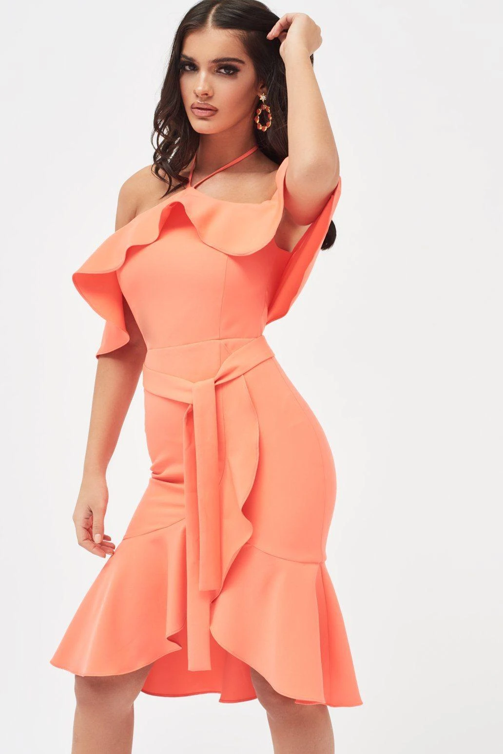 PAISLEY Bardot Frill Halterneck Midi Dress In Neon Coral 3 PAISLEY Bardot Frill Halterneck Midi Dress In Neon Coral