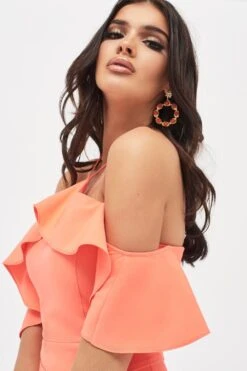 PAISLEY Bardot Frill Halterneck Midi Dress In Neon Coral 7 PAISLEY Bardot Frill Halterneck Midi Dress In Neon Coral -Wedding Guest Dresses Sales LA SUMMER19 25999