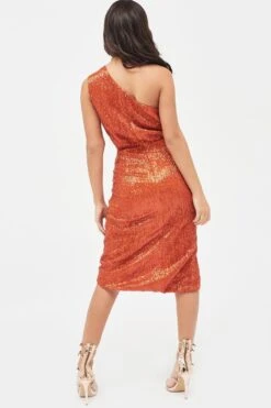 QUINN Pleated Sequin One Shoulder Cut Out Ruched Side Midi Dress In Orange 9 QUINN Pleated Sequin One Shoulder Cut Out Ruched Side Midi Dress In Orange -Wedding Guest Dresses Sales LA SUMMER19 27597
