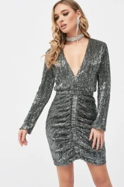 JADE Ruched Sequin Mini Dress In Grey Sequin 10 JADE Ruched Sequin Mini Dress In Grey Sequin -Wedding Guest Dresses Sales LA SUMMER19 29464
