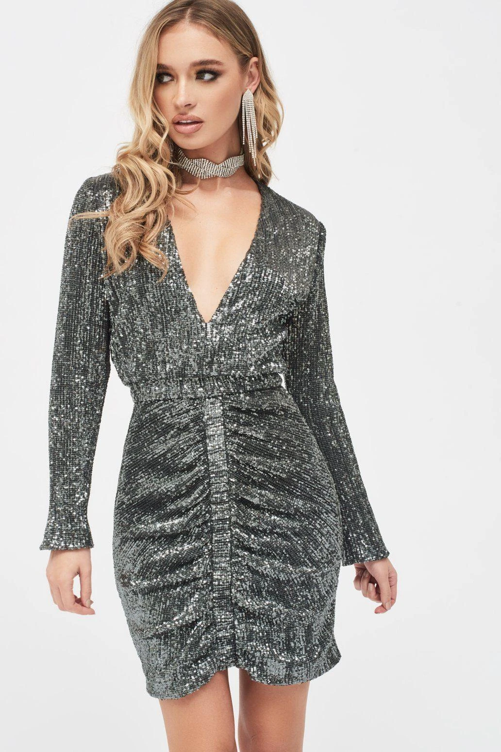 JADE Ruched Sequin Mini Dress In Grey Sequin 5 JADE Ruched Sequin Mini Dress In Grey Sequin - Image 3