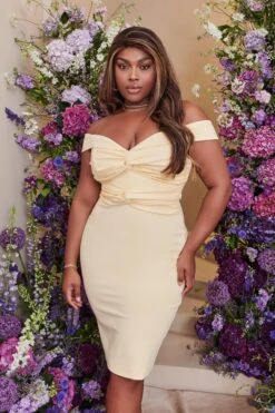CLAIRE Curve Off Shoulder Twist Ponte Midi Dress In Butter -Wedding Guest Dresses Sales LA SUMMER22 2518
