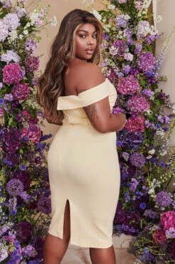 CLAIRE Curve Off Shoulder Twist Ponte Midi Dress In Butter -Wedding Guest Dresses Sales LA SUMMER22 2549
