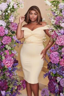 CLAIRE Curve Off Shoulder Twist Ponte Midi Dress In Butter -Wedding Guest Dresses Sales LA SUMMER22 2566