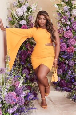 RILEY Curve One Shoulder Cape Mini Dress In Mango Orange -Wedding Guest Dresses Sales LA SUMMER22 2899