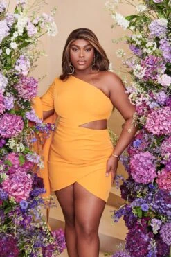 RILEY Curve One Shoulder Cape Mini Dress In Mango Orange -Wedding Guest Dresses Sales LA SUMMER22 3018