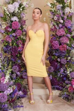CHARLOTTE Pleated Bust Corset Midi Dress In Yellow -Wedding Guest Dresses Sales LA SUMMER22 3063