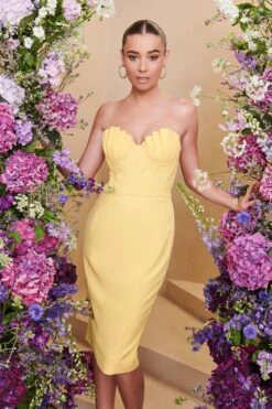 CHARLOTTE Pleated Bust Corset Midi Dress In Yellow -Wedding Guest Dresses Sales LA SUMMER22 3132