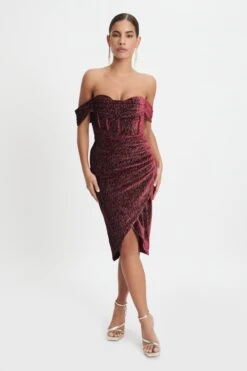 BLAKE Diamante Velvet Pleated Off Shoulder Midi Dress In Burgundy 12 BLAKE Diamante Velvet Pleated Off Shoulder Midi Dress In Burgundy -Wedding Guest Dresses Sales LA WINTER22 ECOM 15684