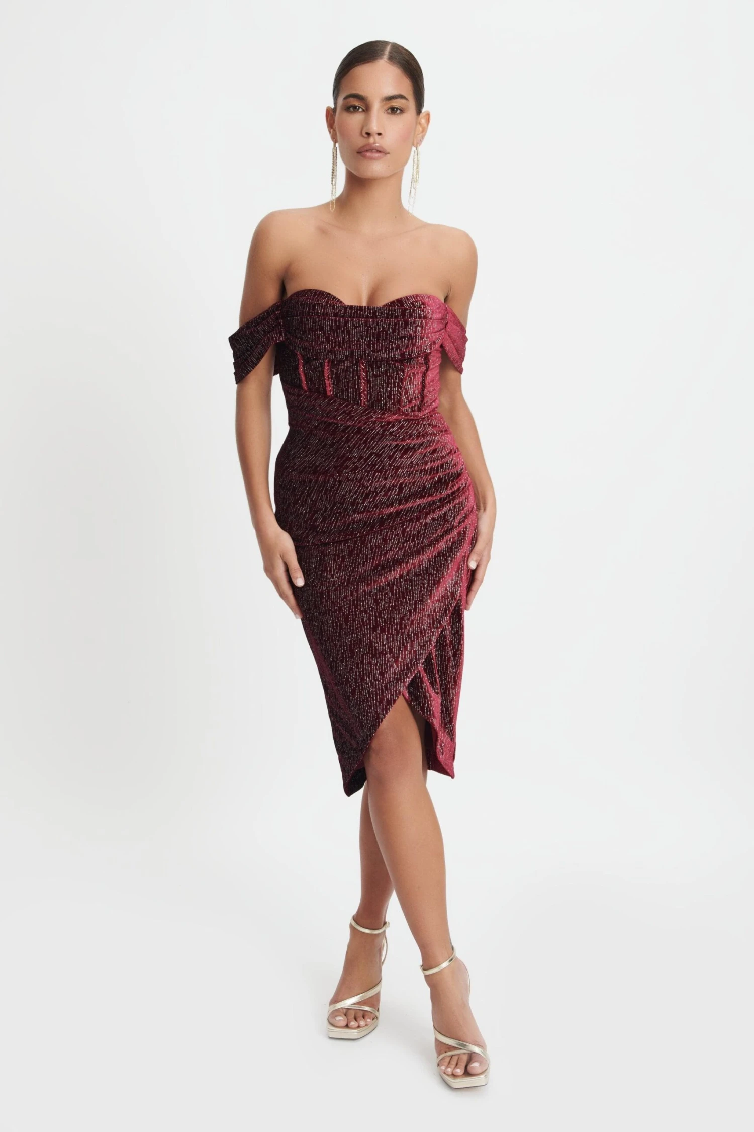 BLAKE Diamante Velvet Pleated Off Shoulder Midi Dress In Burgundy 6 BLAKE Diamante Velvet Pleated Off Shoulder Midi Dress In Burgundy - Image 4