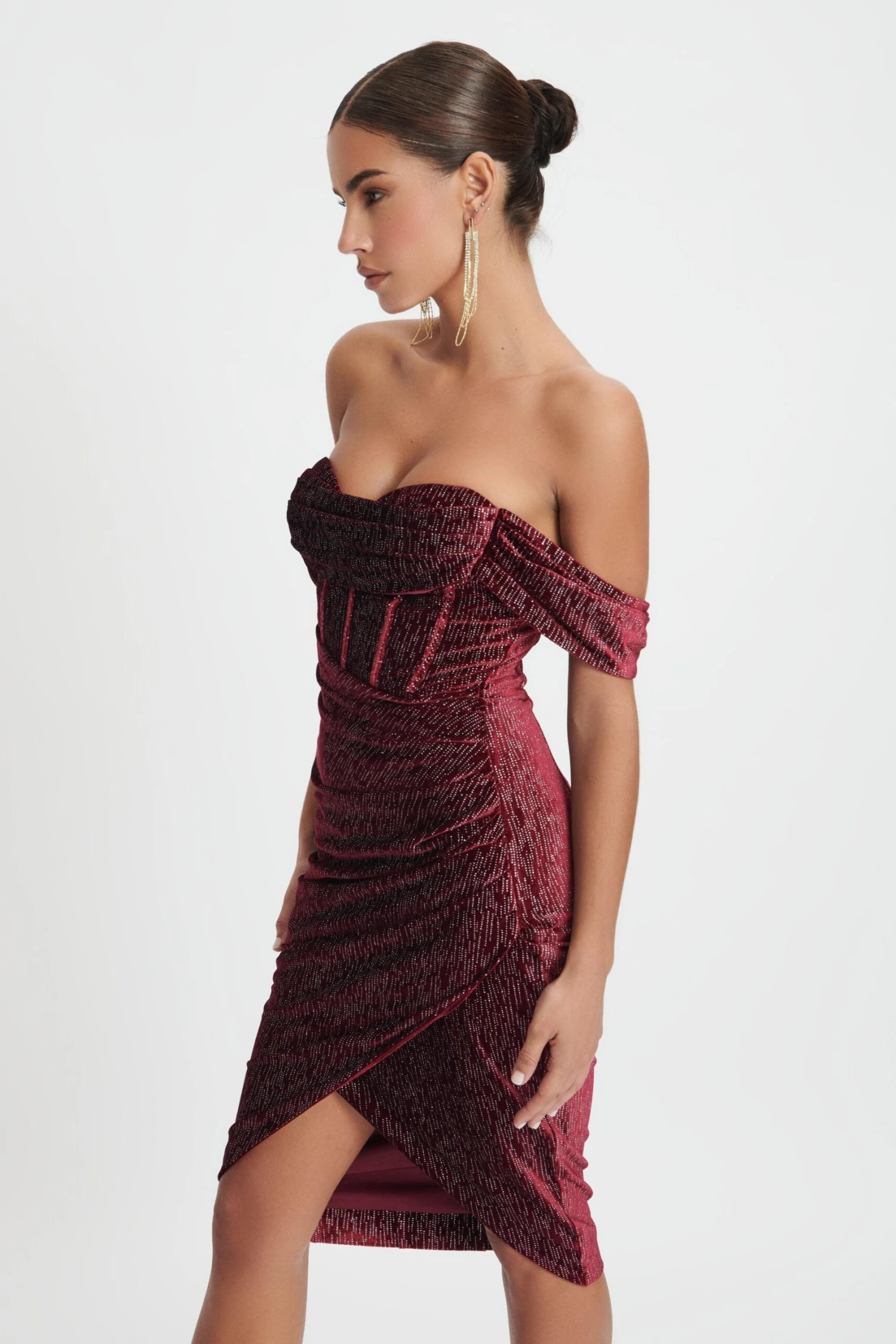BLAKE Diamante Velvet Pleated Off Shoulder Midi Dress In Burgundy 4 BLAKE Diamante Velvet Pleated Off Shoulder Midi Dress In Burgundy - Image 2