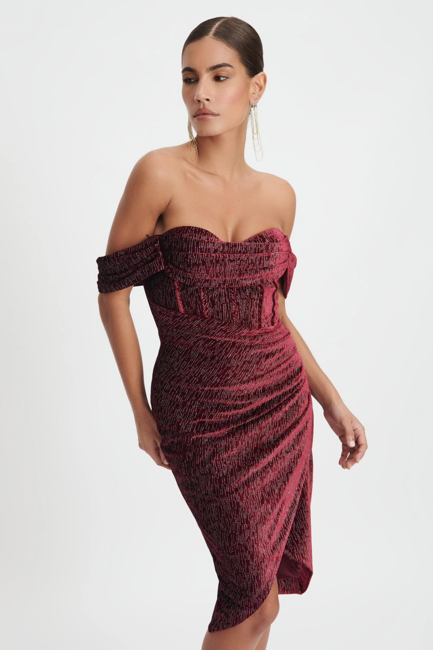 BLAKE Diamante Velvet Pleated Off Shoulder Midi Dress In Burgundy 3 BLAKE Diamante Velvet Pleated Off Shoulder Midi Dress In Burgundy