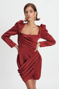 BAILEY Puff Sleeve Bonded Satin Mini Dress In Burgundy -Wedding Guest Dresses Sales LA WINTER22 ECOM 17595