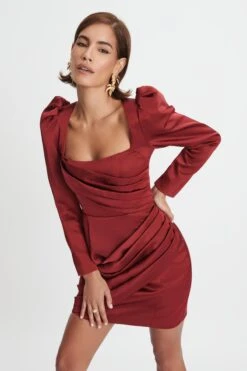 BAILEY Puff Sleeve Bonded Satin Mini Dress In Burgundy -Wedding Guest Dresses Sales LA WINTER22 ECOM 17601