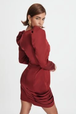 BAILEY Puff Sleeve Bonded Satin Mini Dress In Burgundy -Wedding Guest Dresses Sales LA WINTER22 ECOM 17622