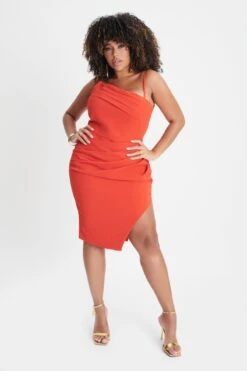 CHANTELLE Curve Asymmetric Pleat Midi Dress In Coral Red 8 CHANTELLE Curve Asymmetric Pleat Midi Dress In Coral Red -Wedding Guest Dresses Sales LA WINTER22 ECOM 20693