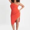 CHANTELLE Curve Asymmetric Pleat Midi Dress In Coral Red