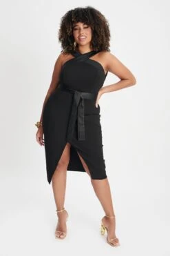 ISLA Curve Satin Mix Cross Over Midi Dress In Black 10 ISLA Curve Satin Mix Cross Over Midi Dress In Black -Wedding Guest Dresses Sales LA WINTER22 ECOM 21366