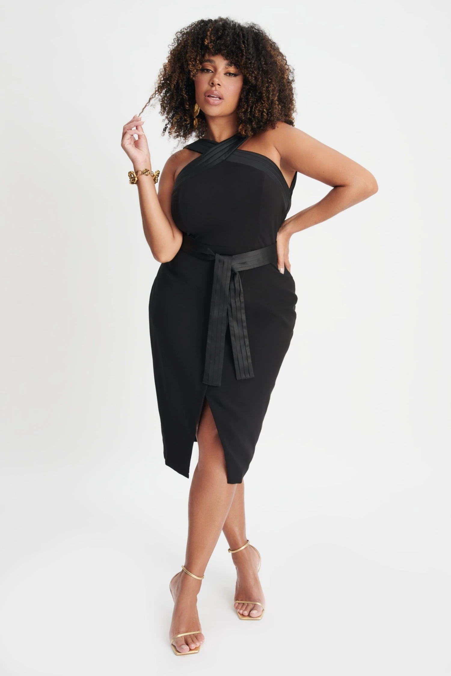 ISLA Curve Satin Mix Cross Over Midi Dress In Black 3 ISLA Curve Satin Mix Cross Over Midi Dress In Black