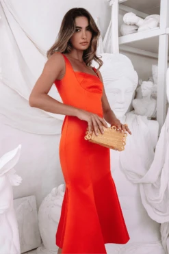 LAINEY Stitch Detail Midi Slip Dress In Coral Red 8 LAINEY Stitch Detail Midi Slip Dress In Coral Red -Wedding Guest Dresses Sales Laineydeepred4