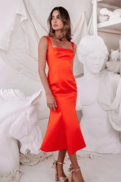 LAINEY Stitch Detail Midi Slip Dress In Coral Red