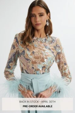 MEDINA Embellished Feather Cuff Mini Dress In Blue