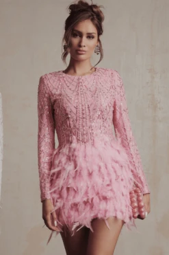 SELENE Embellished Feather Mini Dress In Pink -Wedding Guest Dresses Sales PinkDress
