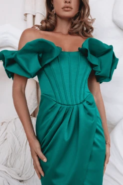 SIMONE Puff Sleeve Bardot Satin Midi Dress In Emerald Green -Wedding Guest Dresses Sales SIMONE 2