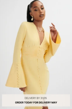 **PRE-ORDER** SALMA Fluted Sleeve Longline Fishtail Midi Dress In Yellow