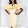 KATIE Rose Brocade Off Shoulder Midi Dress In Yellow 1 KATIE Rose Brocade Off Shoulder Midi Dress In Yellow -Wedding Guest Dresses Sales b3