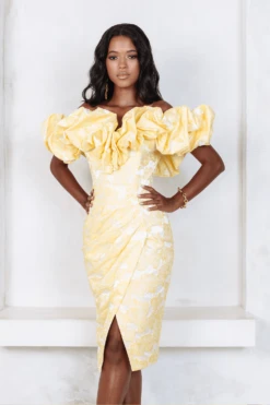 KATIE Rose Brocade Off Shoulder Midi Dress In Yellow