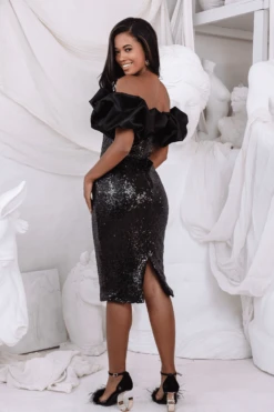 HERA Satin Puff Bardot Sequin Midi Dress In Black 9 HERA Satin Puff Bardot Sequin Midi Dress In Black -Wedding Guest Dresses Sales c c2b5ea09 36b2 4f09 9bf5 a09b0b8a3b75