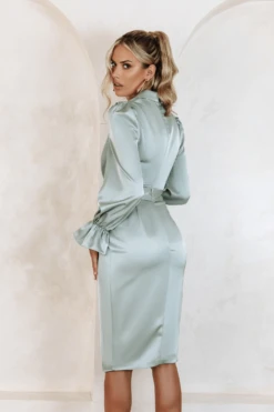 ELISE Satin Wrap Shirt Dress In Sage -Wedding Guest Dresses Sales elise3
