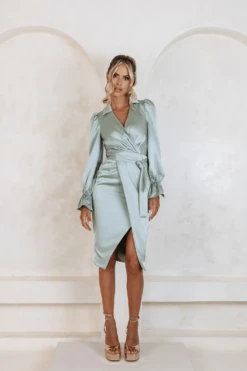 ELISE Satin Wrap Shirt Dress In Sage -Wedding Guest Dresses Sales elise4