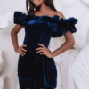 SAMAYA Metallic Velvet Puff Bardot Mini Dress In Indigo Blue -Wedding Guest Dresses Sales florence 4
