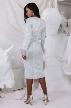 ATHENA Draped Skirt Pleated Sequin Midi Dress In Silver -Wedding Guest Dresses Sales silv3