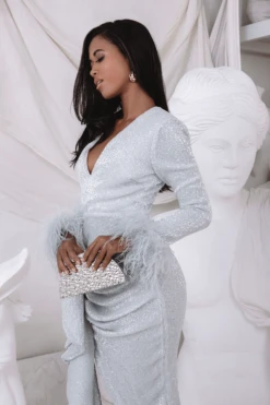 ATHENA Draped Skirt Pleated Sequin Midi Dress In Silver -Wedding Guest Dresses Sales silv4